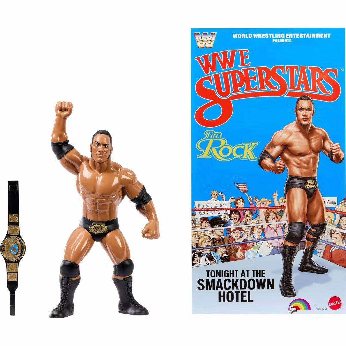 The Rock WWE LJN figure, championship belt, and collectible poster