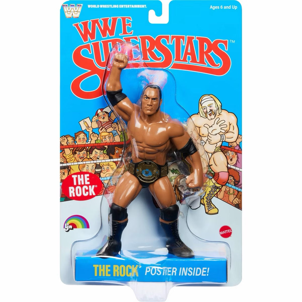The Rock WWE LJN figure with championship belt in blue retro packaging
