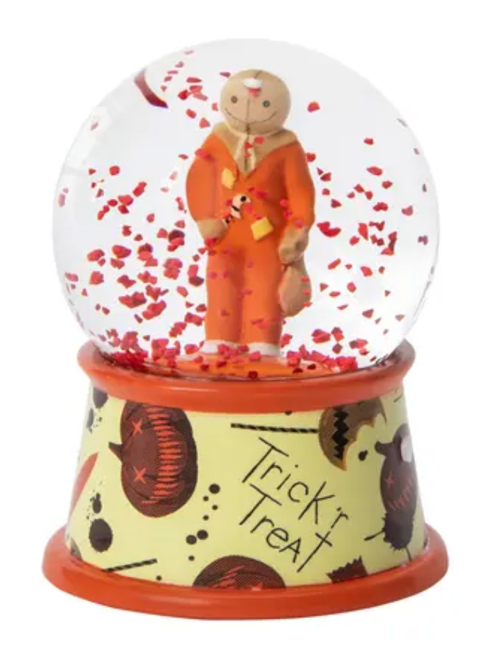 Trick 'r Treat Sam mini snow globe with red flakes and orange-trimmed base