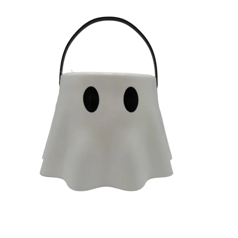 White ghost trick-or-treat bucket with black handle